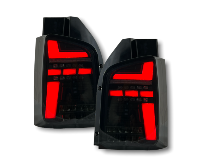 FULL LED tail lights VW T5.2 GP 09-15 tailgate in T6.1 look with dynamic indicators black/smoke/red